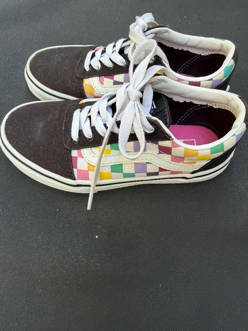 Vans Old Skool Rainbow Checkerboard Sneakers Kids Size 1 Youth Black Canvas Shoe